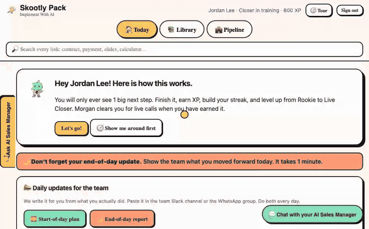 Screen recording of the closer view: Today screen, library, offer FAQ, search and exam